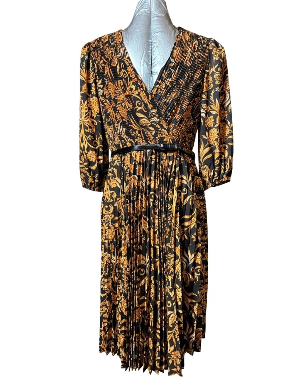 NWT Melonie T Pleated Midi Wrap Dress Black Gold Paisley 12
